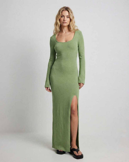 Verde Maxi Dress by Lauven - Long sleeve slim fit ankle-length dress with side slit in green.
