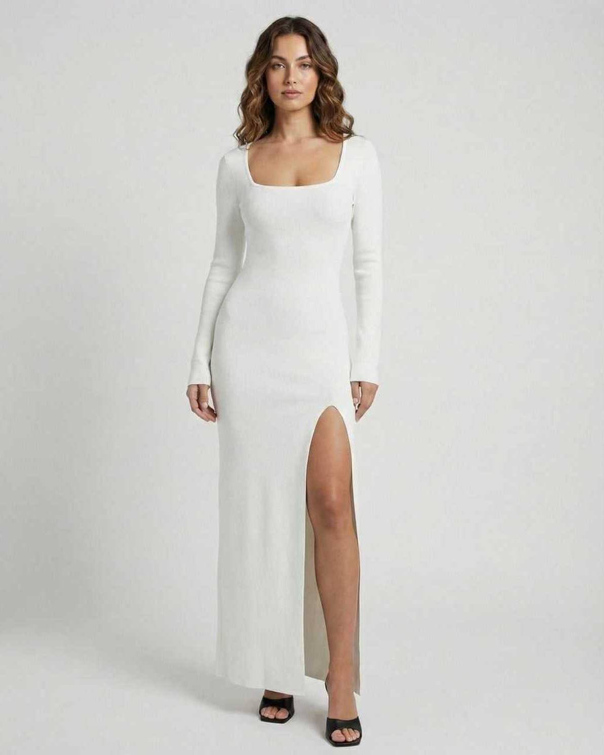 Lunaire Maxi Dress by Lauven - White long sleeve slim fit maxi dress with side slit.
