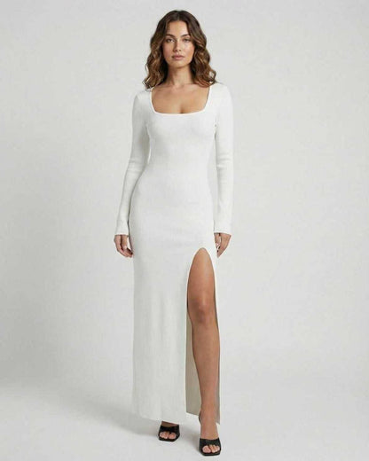 Lunaire Maxi Dress by Lauven - White long sleeve slim fit maxi dress with side slit.