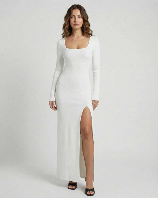 Lunaire Maxi Dress by Lauven - White long sleeve slim fit maxi dress with side slit.