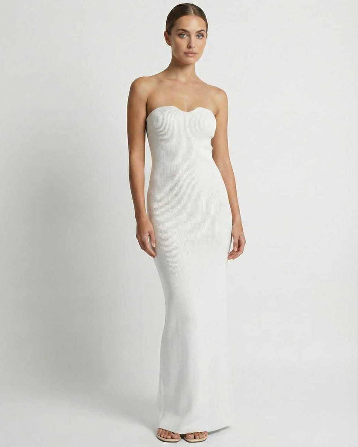 Lunaire Maxi Dress by Lauven, strapless slim fit ankle-length dress in white, perfect for a refined, sexy look.
