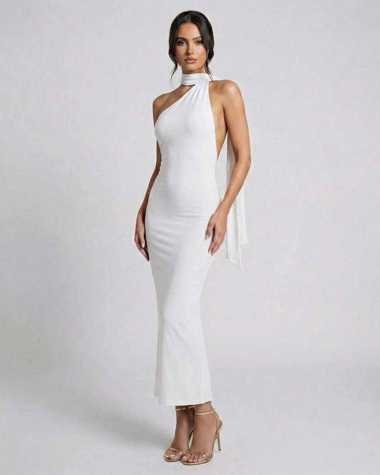 Luna Maxi Dress by Lauven, elegant white halter neck gown with a chic silhouette and asymmetric cutout.