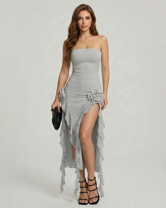 Liora Maxi Dress by Lauven, a sophisticated strapless grey maxi dress with ruffle accents and a flattering fit.