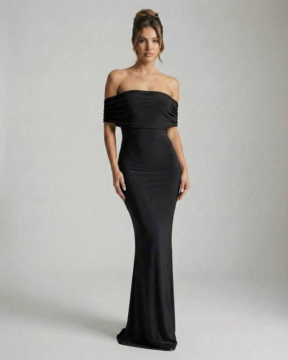 Noir Maxi Dress by Lauven, elegant off-shoulder silhouette in classic black, showcasing a smooth, flowing fabric.