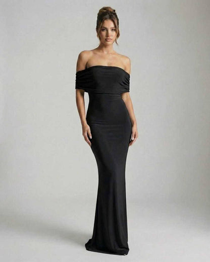 Noir Maxi Dress by Lauven, elegant off-shoulder silhouette in classic black, showcasing a smooth, flowing fabric.