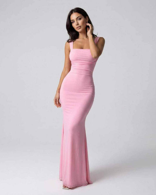 Blush Maxi Dress by Lauven in soft pink, featuring a sleek spaghetti strap silhouette and elegant ankle-length design.