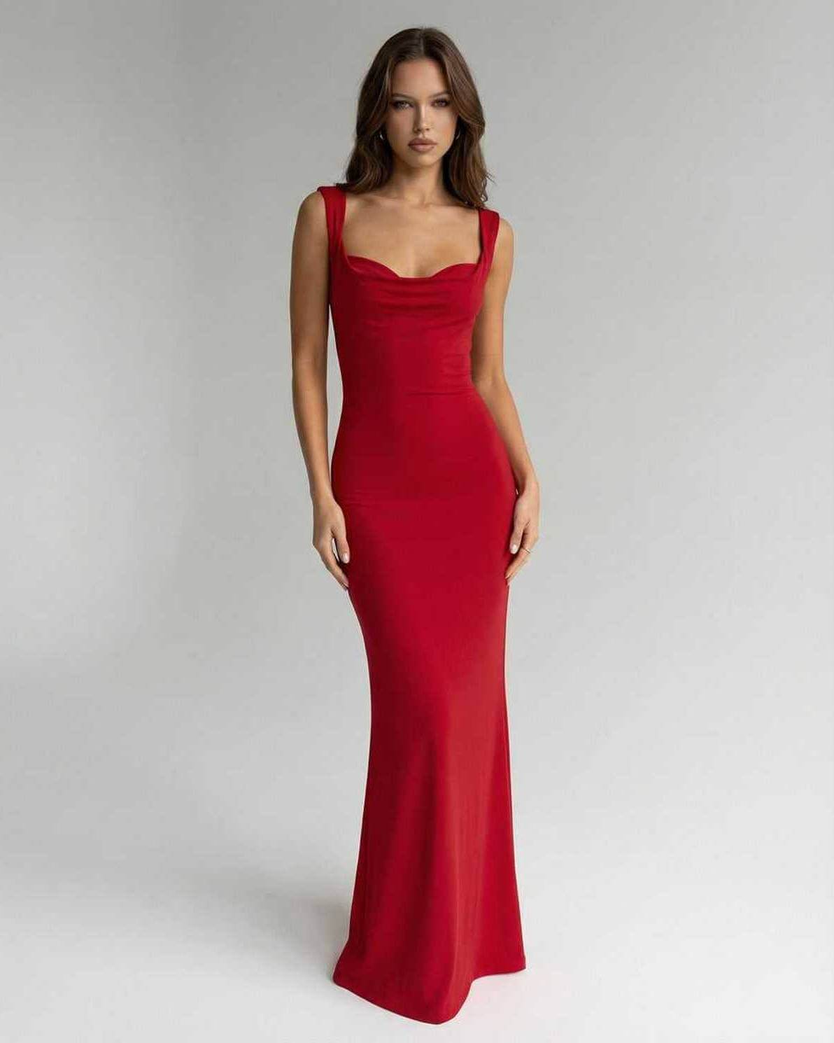 Lauven Scarlet Maxi Dress - Sleek spaghetti strap silhouette in vibrant red, slim fitting ankle-length elegance.