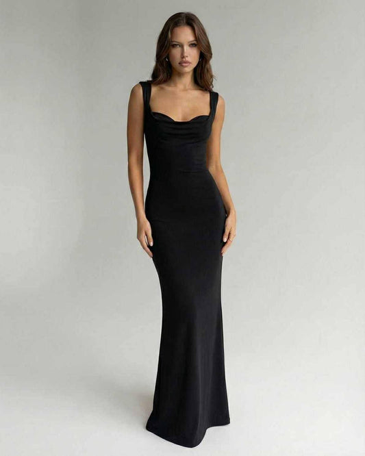 Obsidian Maxi Dress by Lauven - Elegant black ankle-length dress with a sleek silhouette and strappy back.