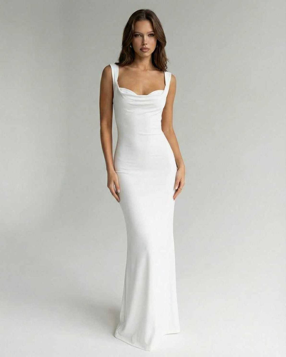 Velora Maxi Dress by Lauven, elegant ankle-length white dress with strappy back and sweetheart neckline.