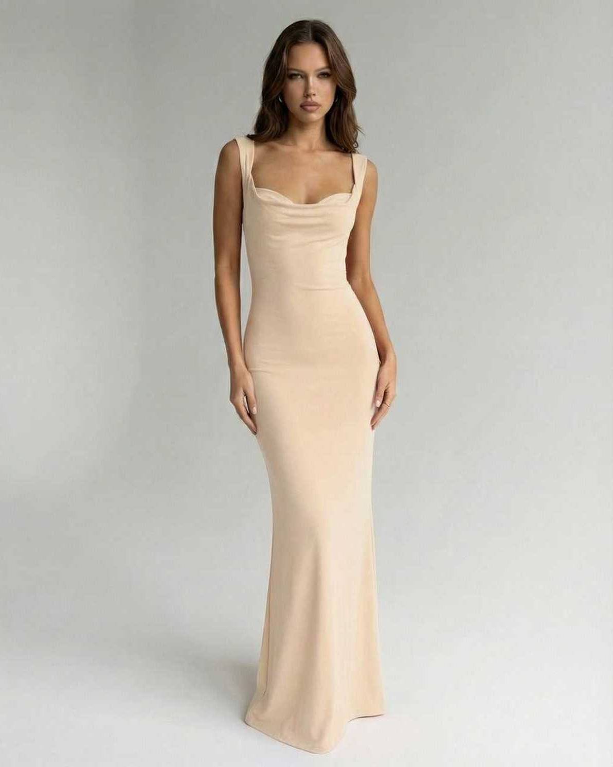 Seraphina Maxi Dress by Lauven, sleek strappy back ankle-length silhouette in soft beige.