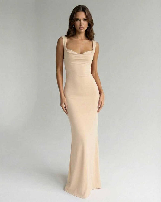 Seraphina Maxi Dress by Lauven, sleek strappy back ankle-length silhouette in soft beige.