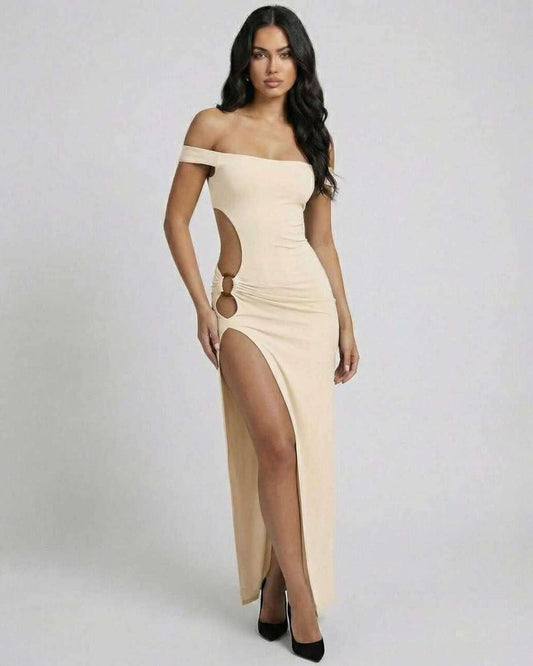 Solenne Maxi Dress by Lauven - Elegant off-shoulder design with side cutouts and thigh-high slit in soft beige.