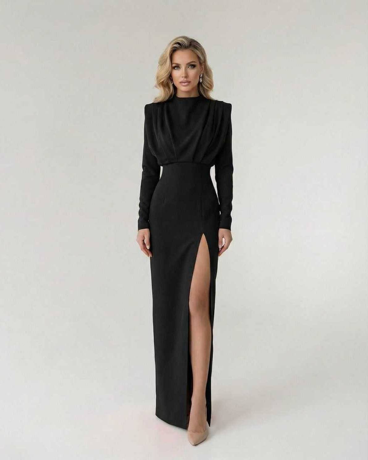 Nocturne Maxi Dress by Lauven featuring a sophisticated fit and flare design with high side slit in classic black.