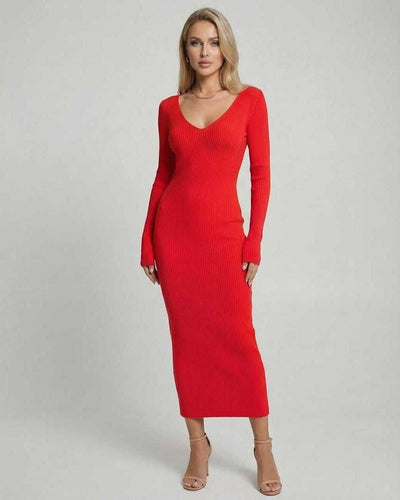 Vesta Midi Dress by Lauven in bold red ribbed knit with long sleeves and deep V-neckline.