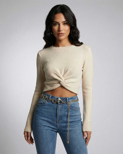 Sahara Pullover by Lauven – Women’s beige knit pullover with knotted front detail and crew neckline.