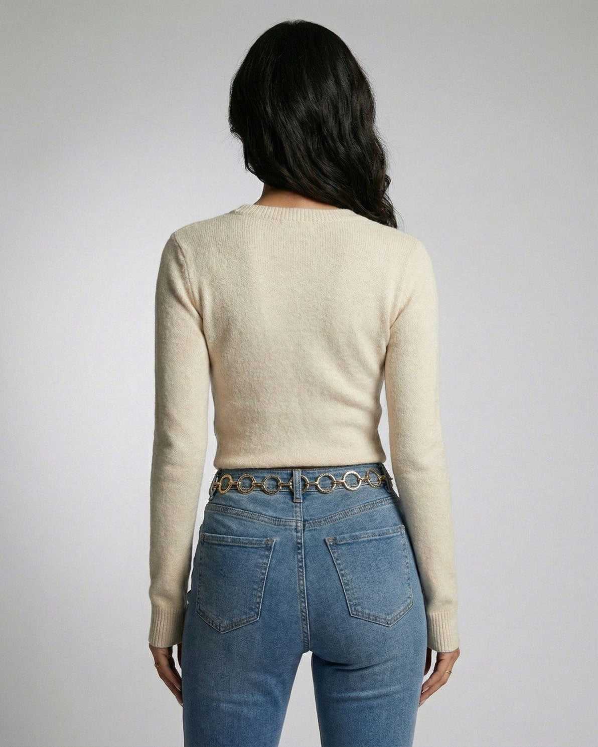 Sahara Pullover by Lauven - Women’s beige knit pullover showcasing the back view with knotted front detail.
