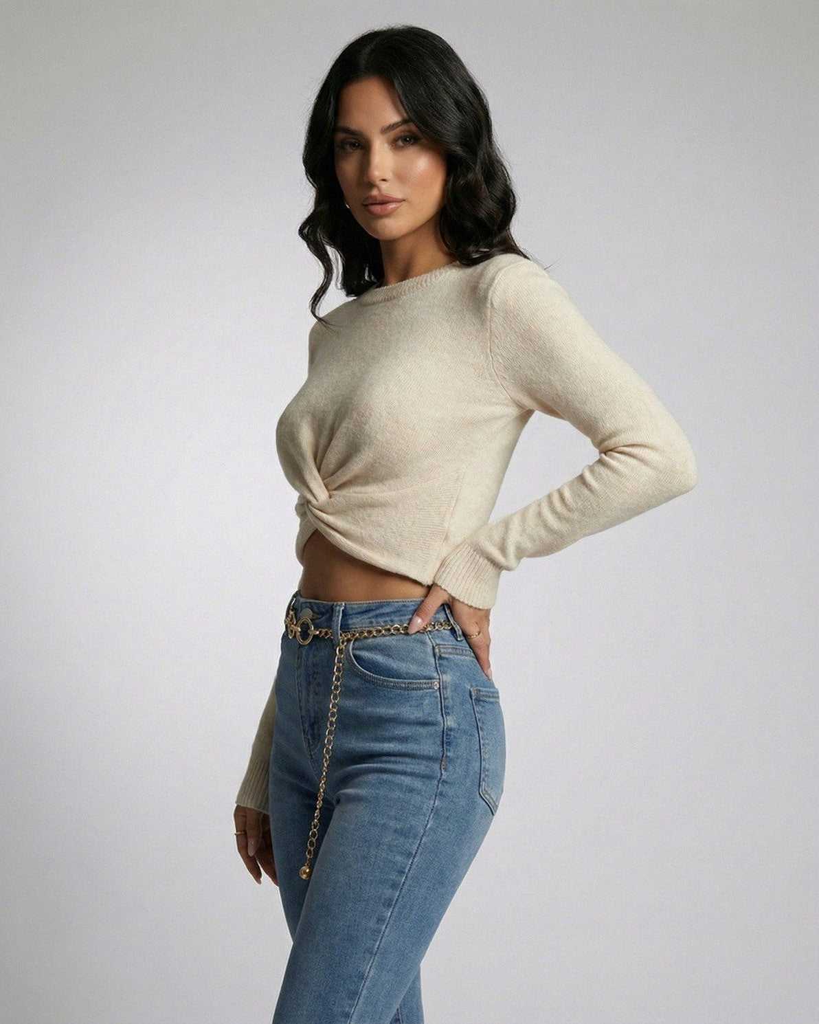 Sahara Pullover by Lauven - Women’s beige knit pullover with knotted front detail, offering effortless elegance.