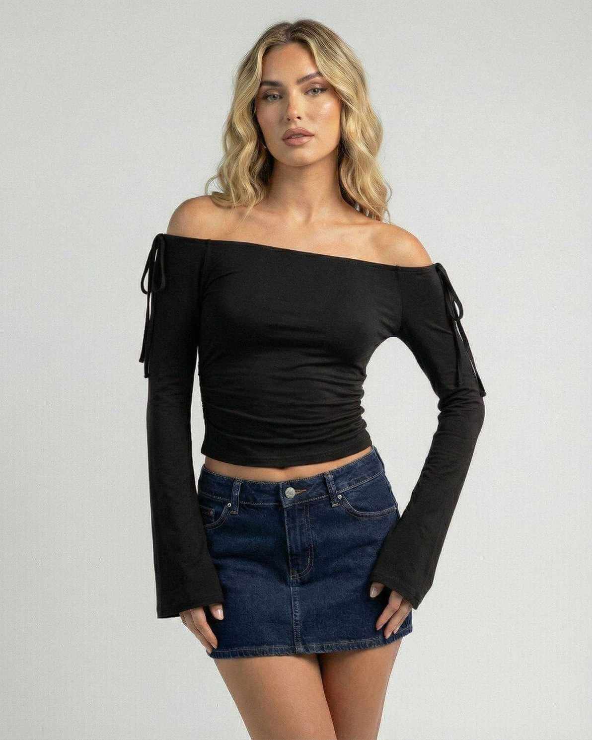 Monaco Top by Lauven - Women’s off-the-shoulder long sleeve slim fit top in black, perfect for casual to party styling.
