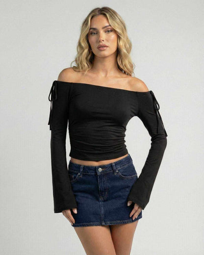 Monaco Top by Lauven - Women’s off-the-shoulder long sleeve slim fit top in black, perfect for casual to party styling.