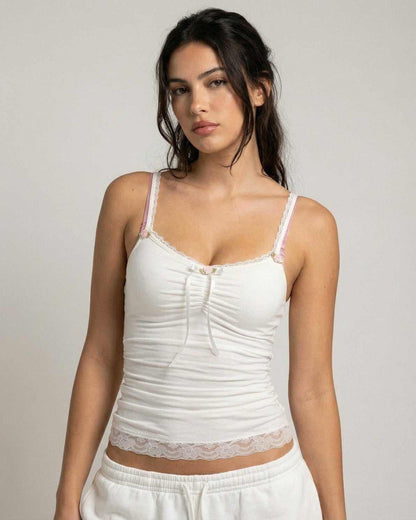 Lunelle Top by Lauven - Soft ivory lace trim camisole with bow detail, perfect for feminine elegance.
