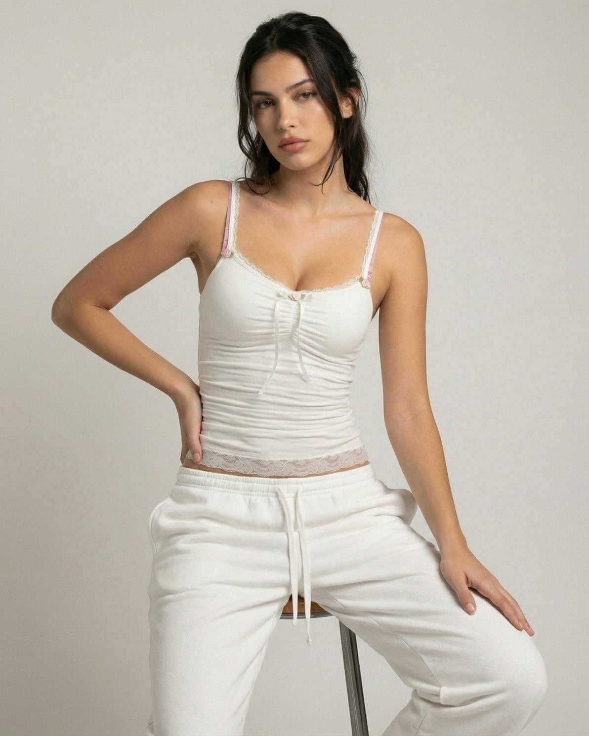 Lunelle Top by Lauven - Soft ivory lace trim camisole with bow detail, showcasing delicate feminine style.