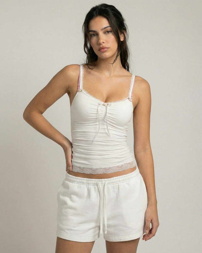 Lunelle Top by Lauven - Soft ivory lace trim camisole with bow detail, ideal for feminine everyday elegance.