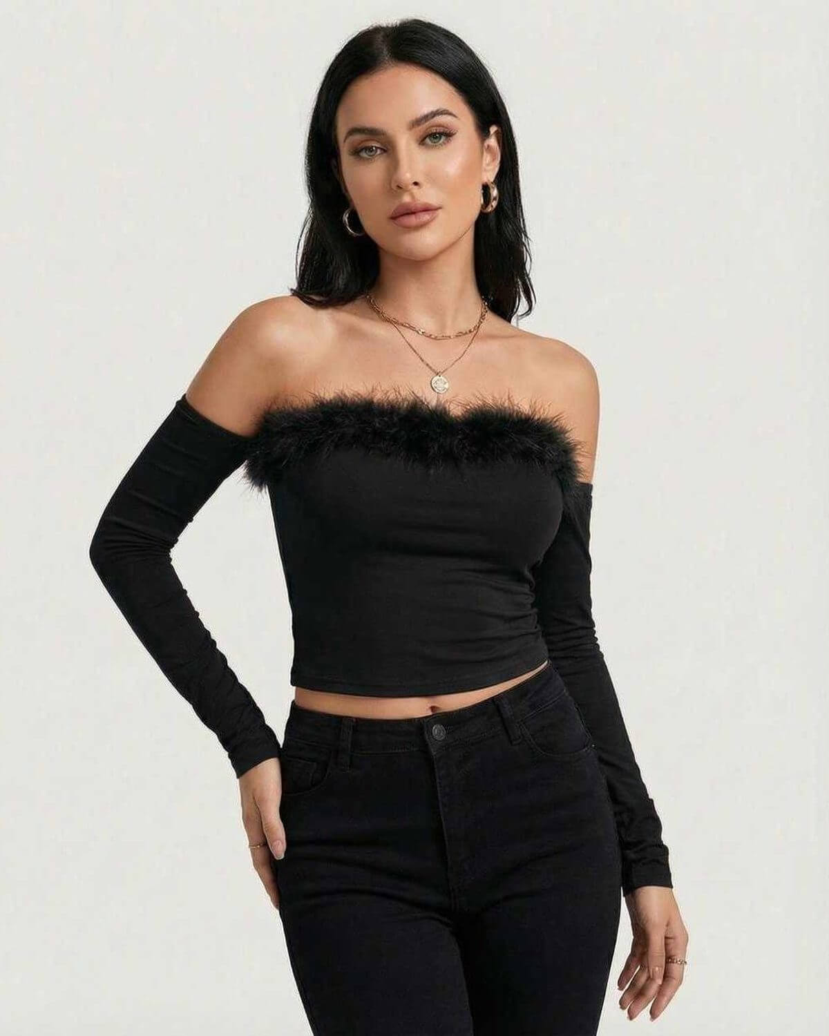Monaco Top by Lauven - Women’s Black Off The Shoulder Long Sleeve Top with Feather Trim.