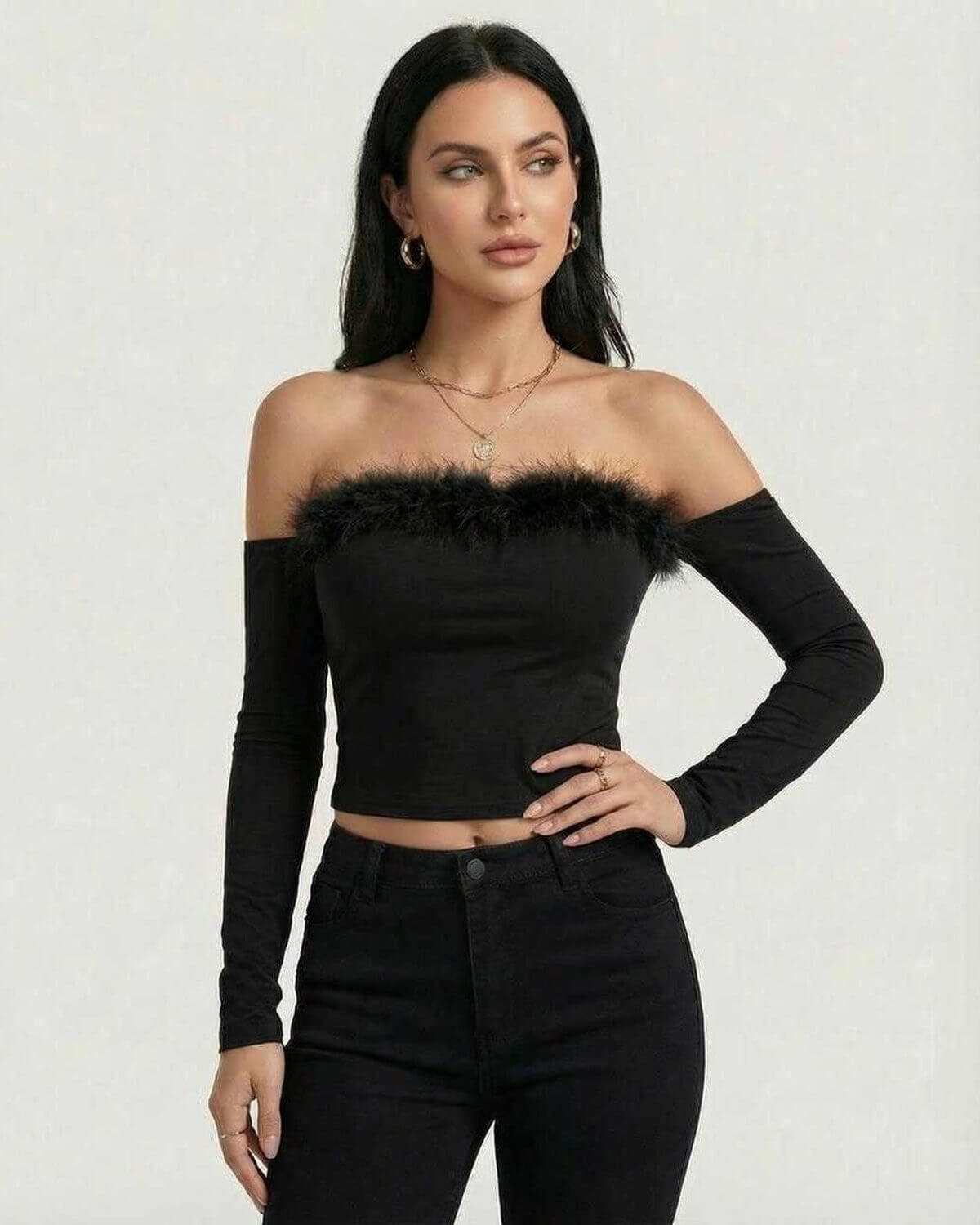 Monaco Top by Lauven – Women’s Black Off The Shoulder Long Sleeve Top with Feather Trim