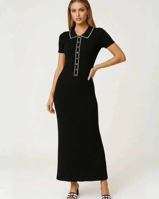 Lauven Monaco Maxi Dress – Women’s black maxi dress with ribbed knit and button-front detail.