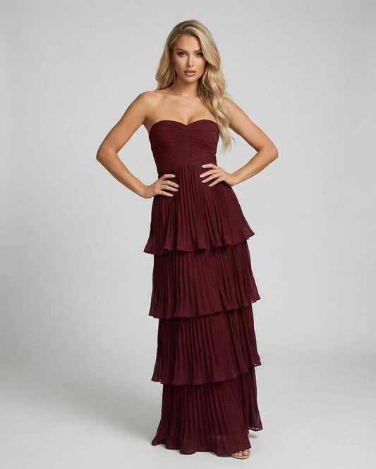 Valencia Maxi Dress by Lauven, burgundy strapless pleated chiffon gown with tiered silhouette for elegant occasions.