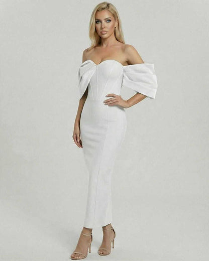 Liora Midi Dress by Lauven - Elegant women’s white midi dress with off-the-shoulder design, perfect for summer and weddings.