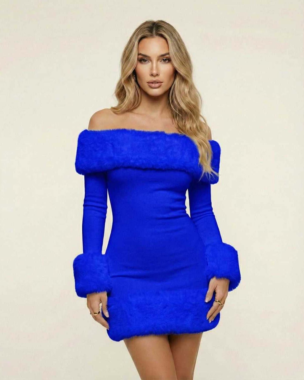 Azure Mini Dress by Lauven in vibrant blue with plush faux fur trim and off-shoulder neckline.
