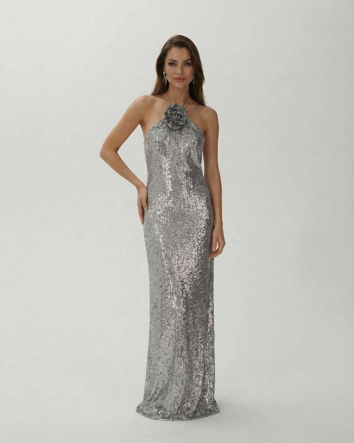 Lunaria Maxi Dress by Lauven - Silver sequin halter evening gown with floral detail.