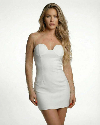 Nova Mini Dress by Lauven featuring sheer embellished sleeves in elegant white.