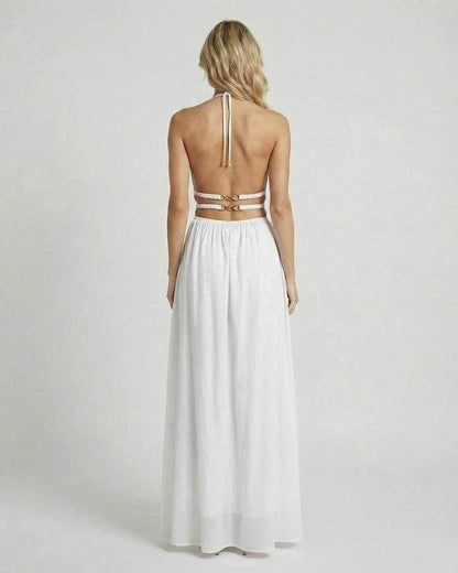 Marina Maxi Dress by Lauven, elegant halter neck design showcasing the back view in smooth white fabric.