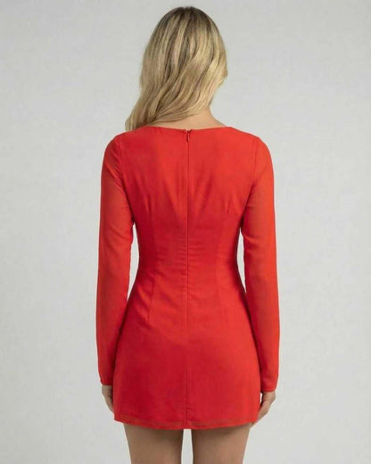 Back view of Lauven Scarlet Mini Dress in vibrant red with long sleeves and sleek silhouette.