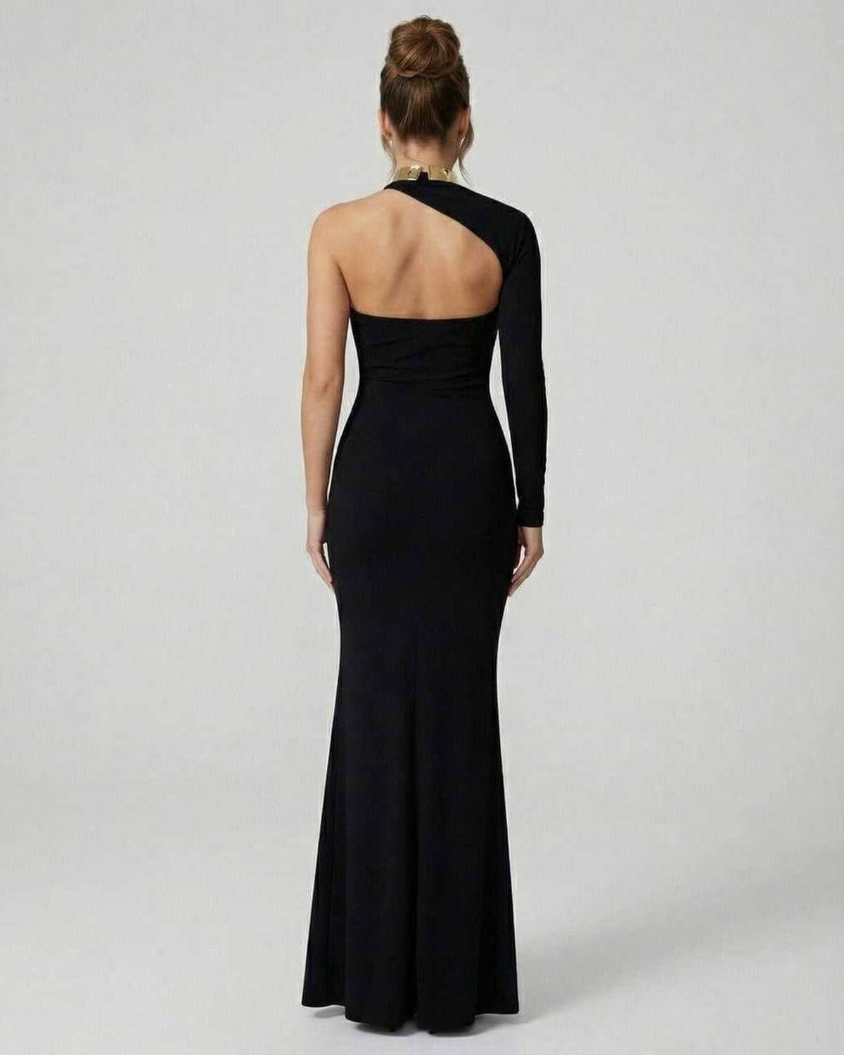 Back view of Mirella Maxi Dress by Lauven showcasing an asymmetrical one-shoulder design and sleek pencil fit.