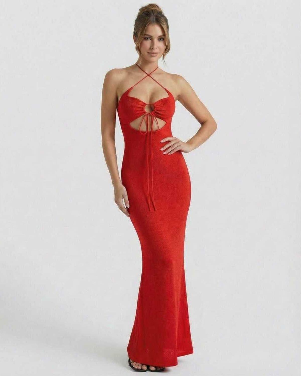 Marina Maxi Dress by Lauven, bold red halter neck with cutouts and a slim fit, perfect for stylish occasions.