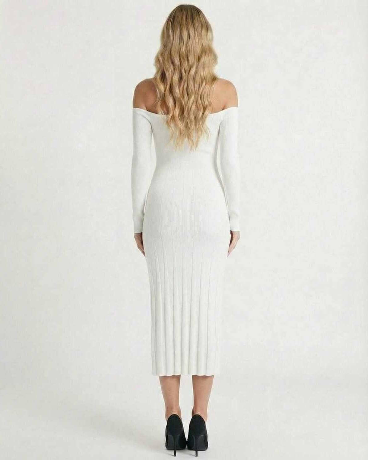 Nova Midi Dress by Lauven, elegant off-shoulder ribbed knitwear in white, showcasing a flattering fit from the back.