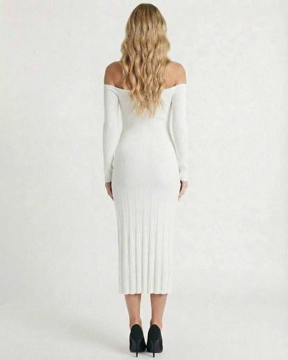 Nova Midi Dress by Lauven, elegant off-shoulder ribbed knitwear in white, showcasing a flattering fit from the back.