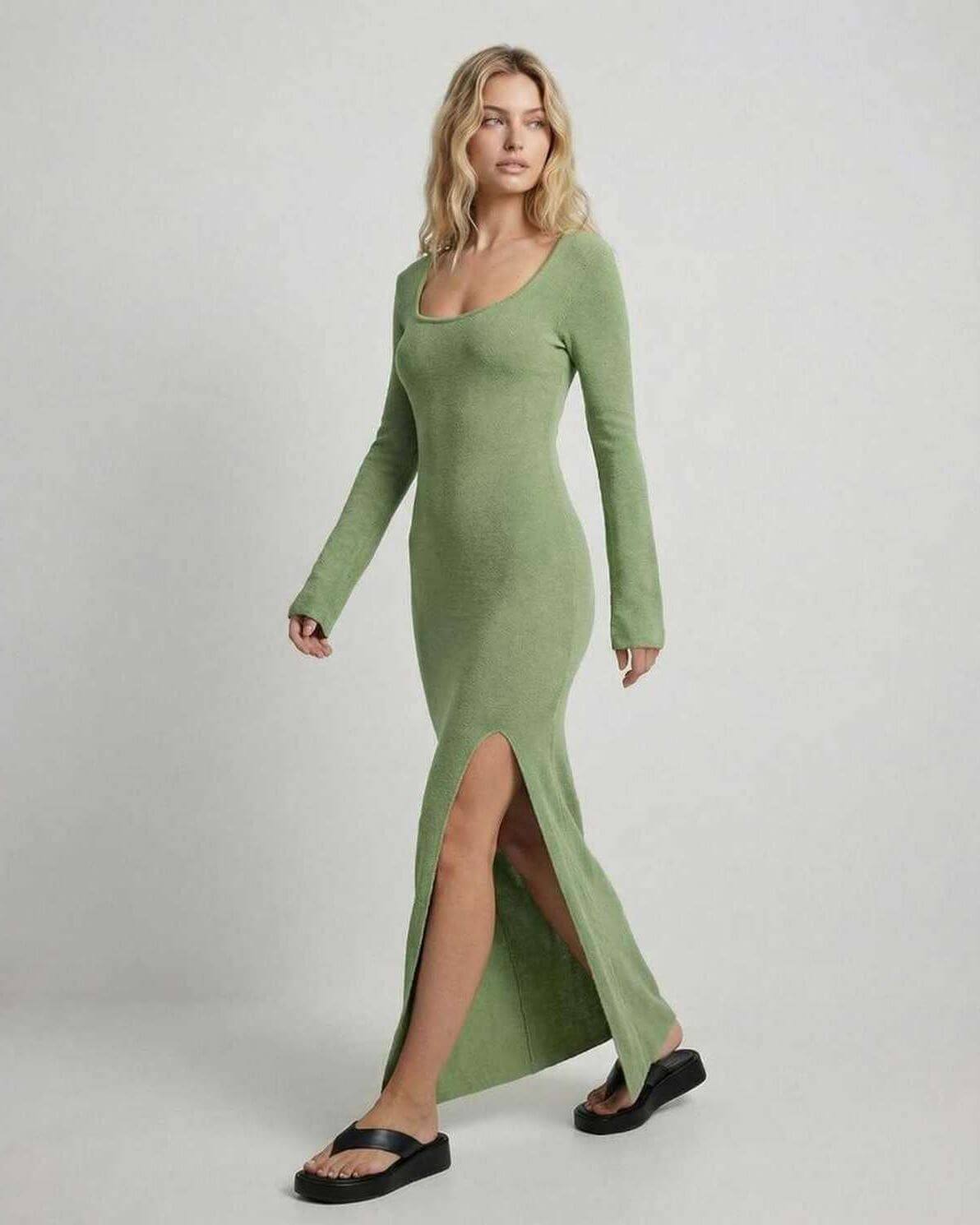 Verde Maxi Dress by Lauven, long sleeve slim fit dress with side slit in green worn by model.