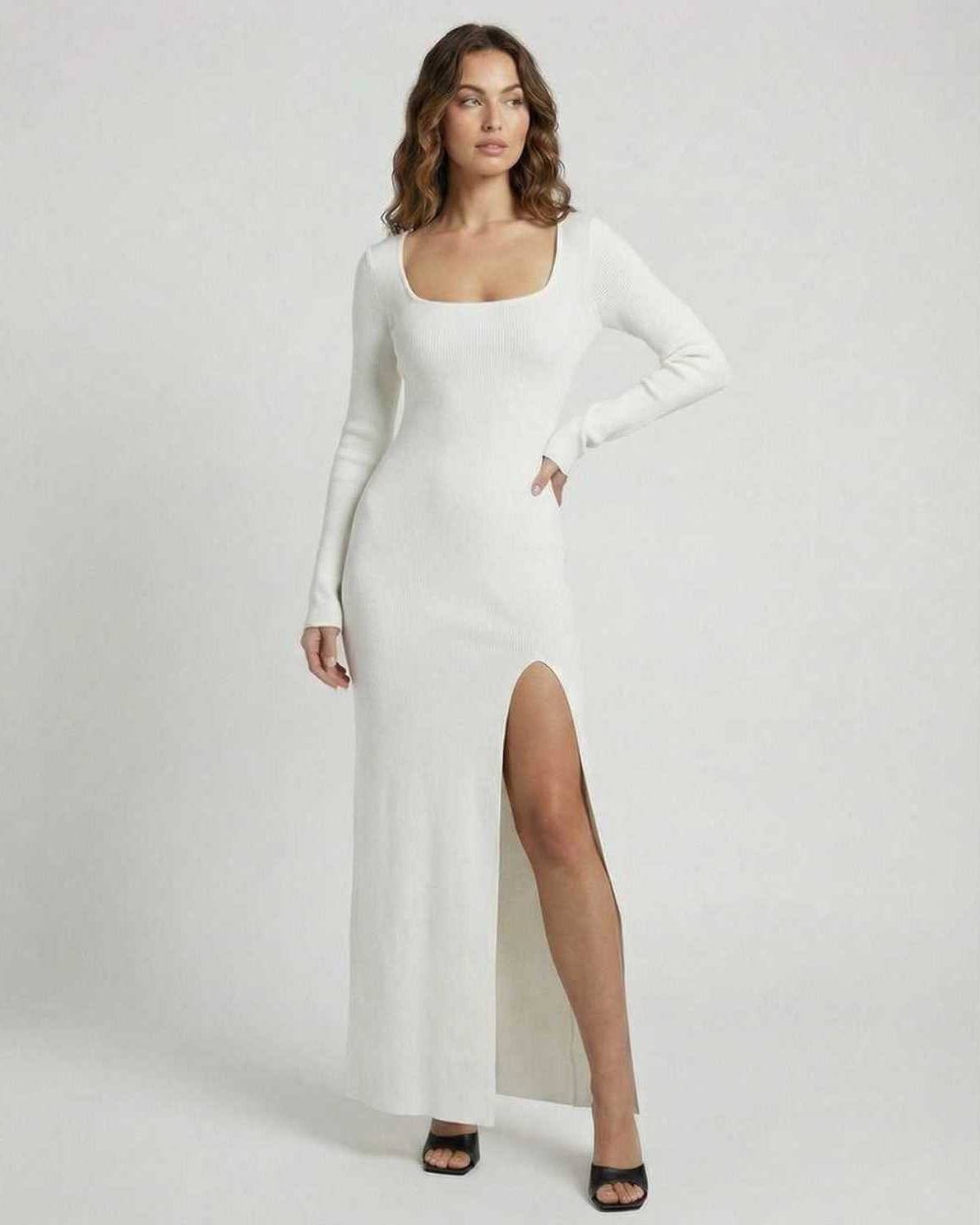 Lunaire Maxi Dress by Lauven, white long sleeve slim fit maxi dress with side slit for stylish spring wear.