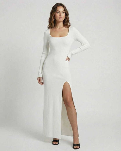 Lunaire Maxi Dress by Lauven, white long sleeve slim fit maxi dress with side slit for stylish spring wear.