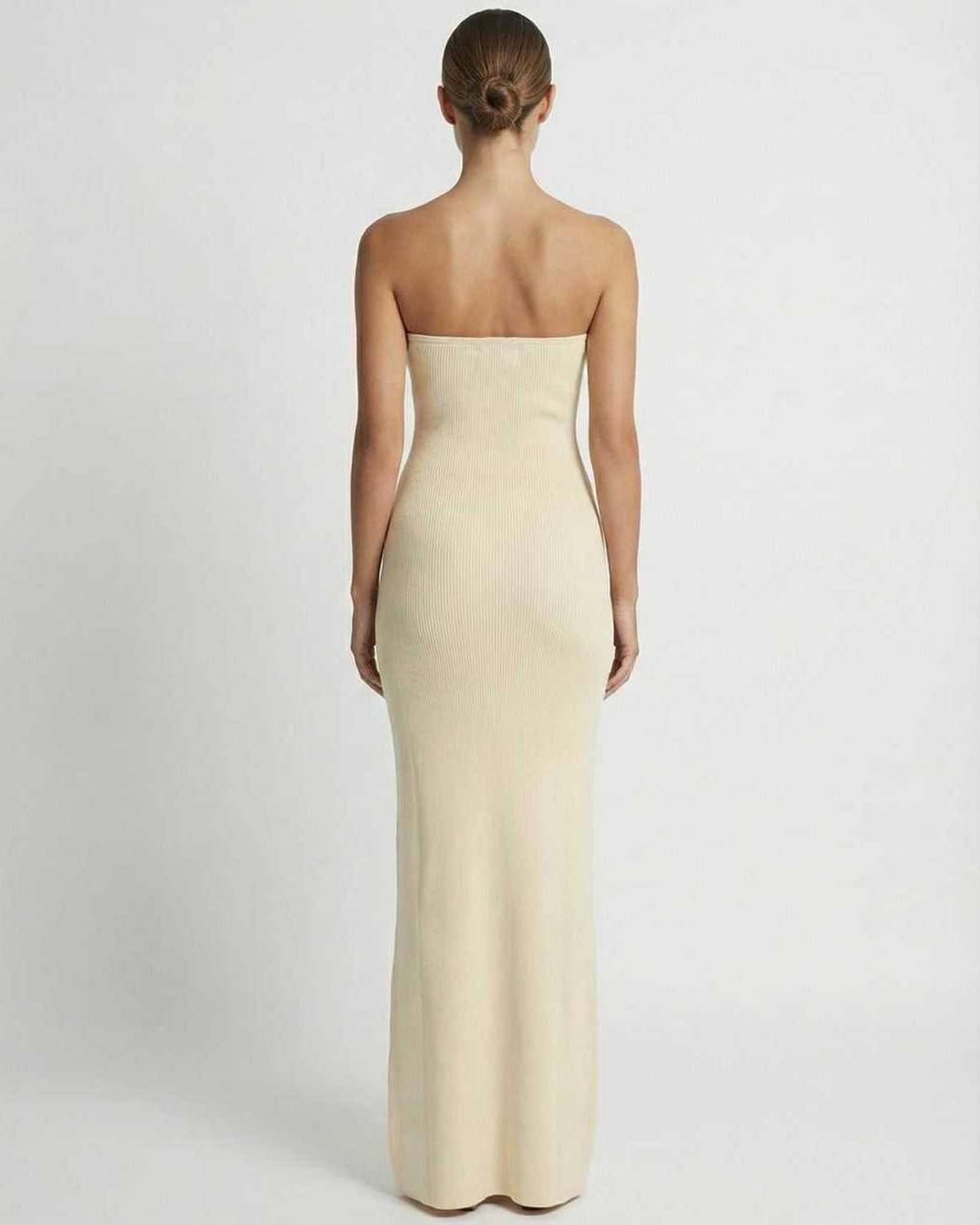 Back view of strapless Aurora Maxi Dress by Lauven showcasing a slim fit and ankle-length design.