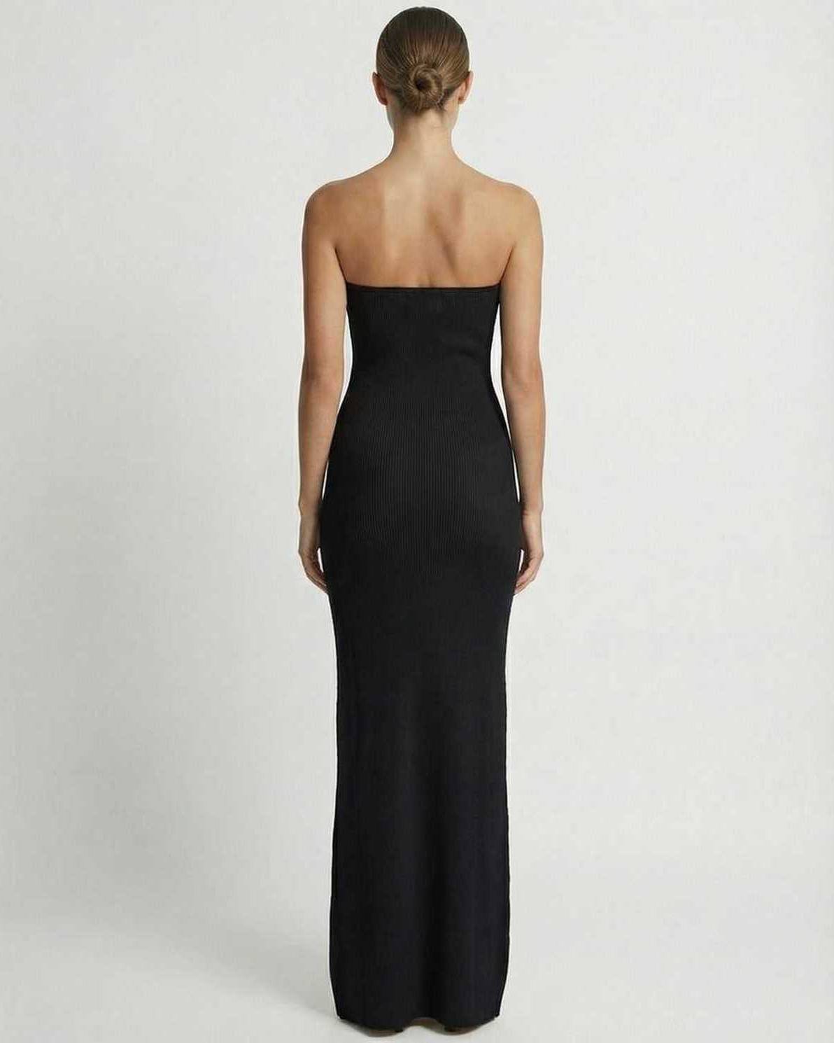 Noir Maxi Dress by Lauven, strapless black slim fit ankle-length dress showcasing a sleek silhouette.