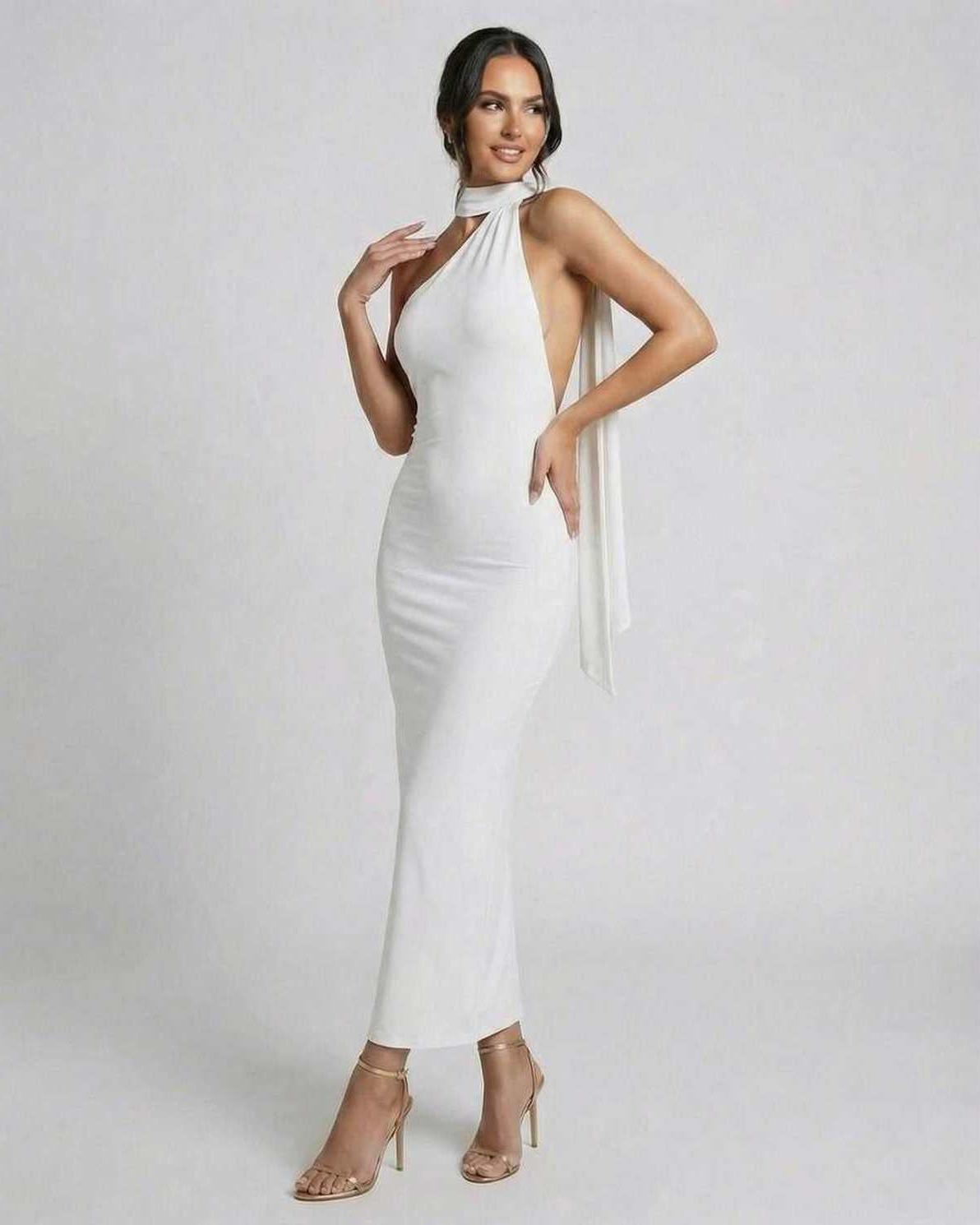 Luna Maxi Dress by Lauven - Elegant white halter neck gown showcasing a sleek silhouette with chic design details.
