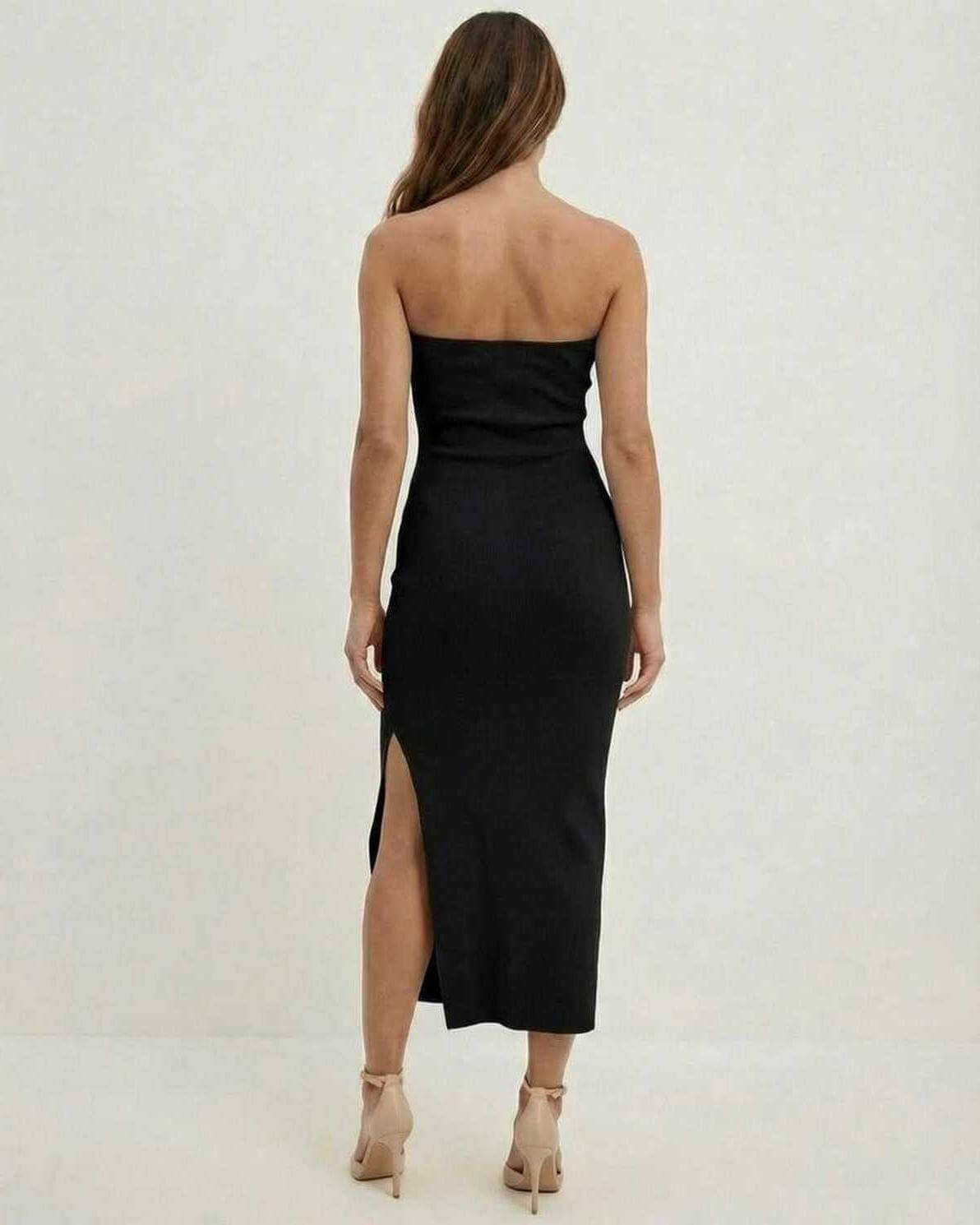Noctis Midi Dress by Lauven, sleek strapless sheath in classic black with side slit and mid-calf length.