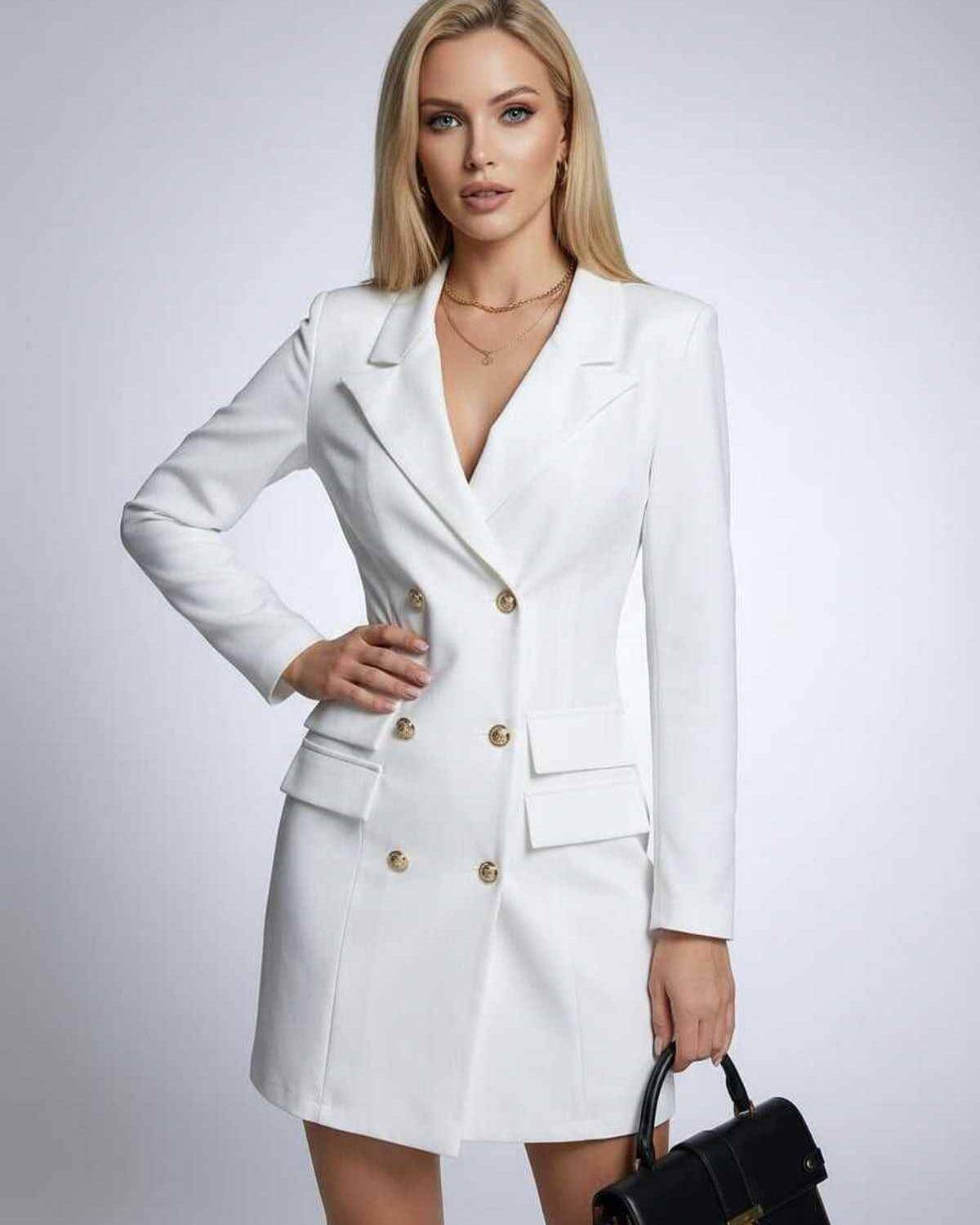 Nova Mini Dress by Lauven, double-breasted blazer dress in white with V-neck and long sleeves.