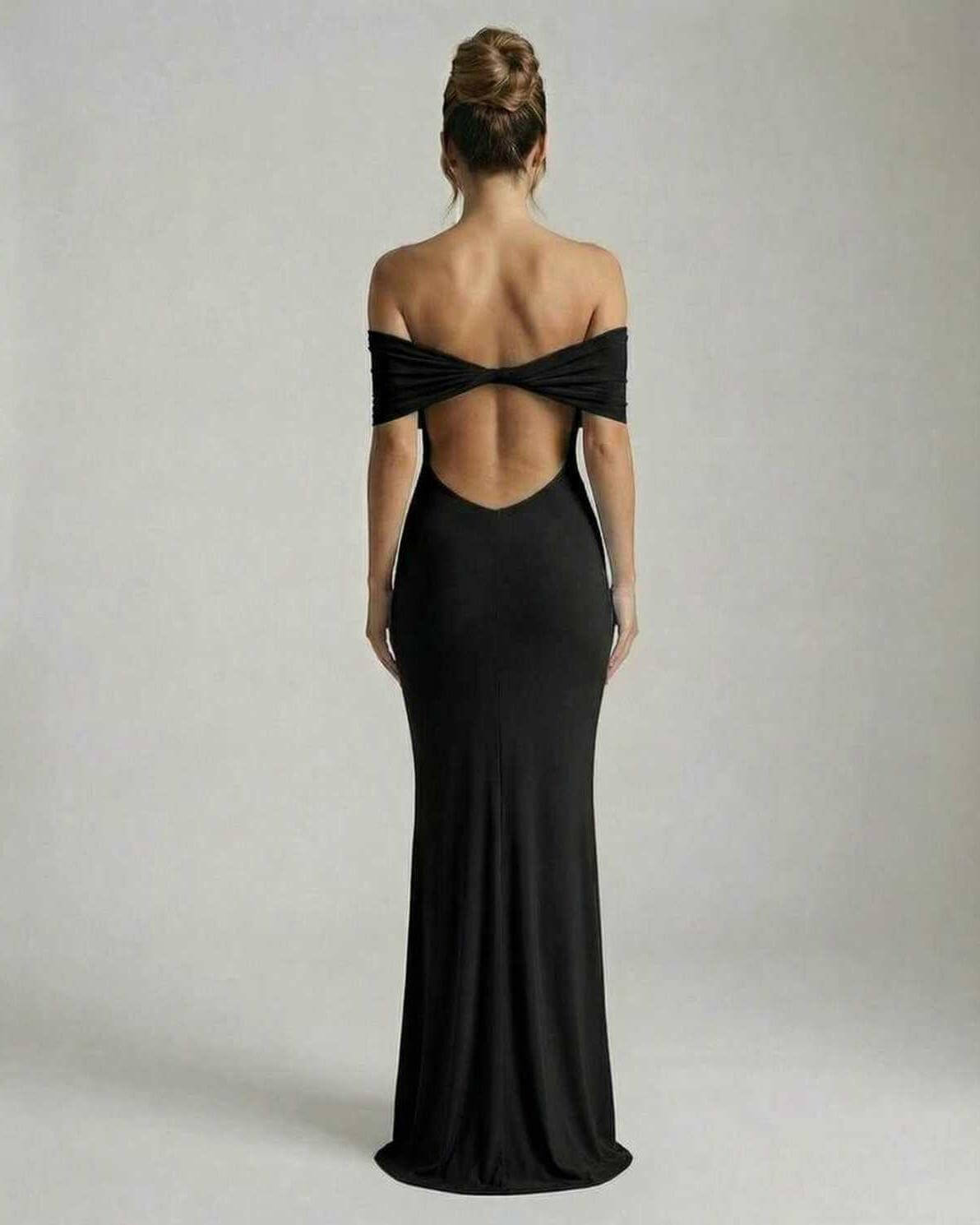 Noir Maxi Dress from Lauven featuring an elegant off-shoulder silhouette and an open back design in classic black.