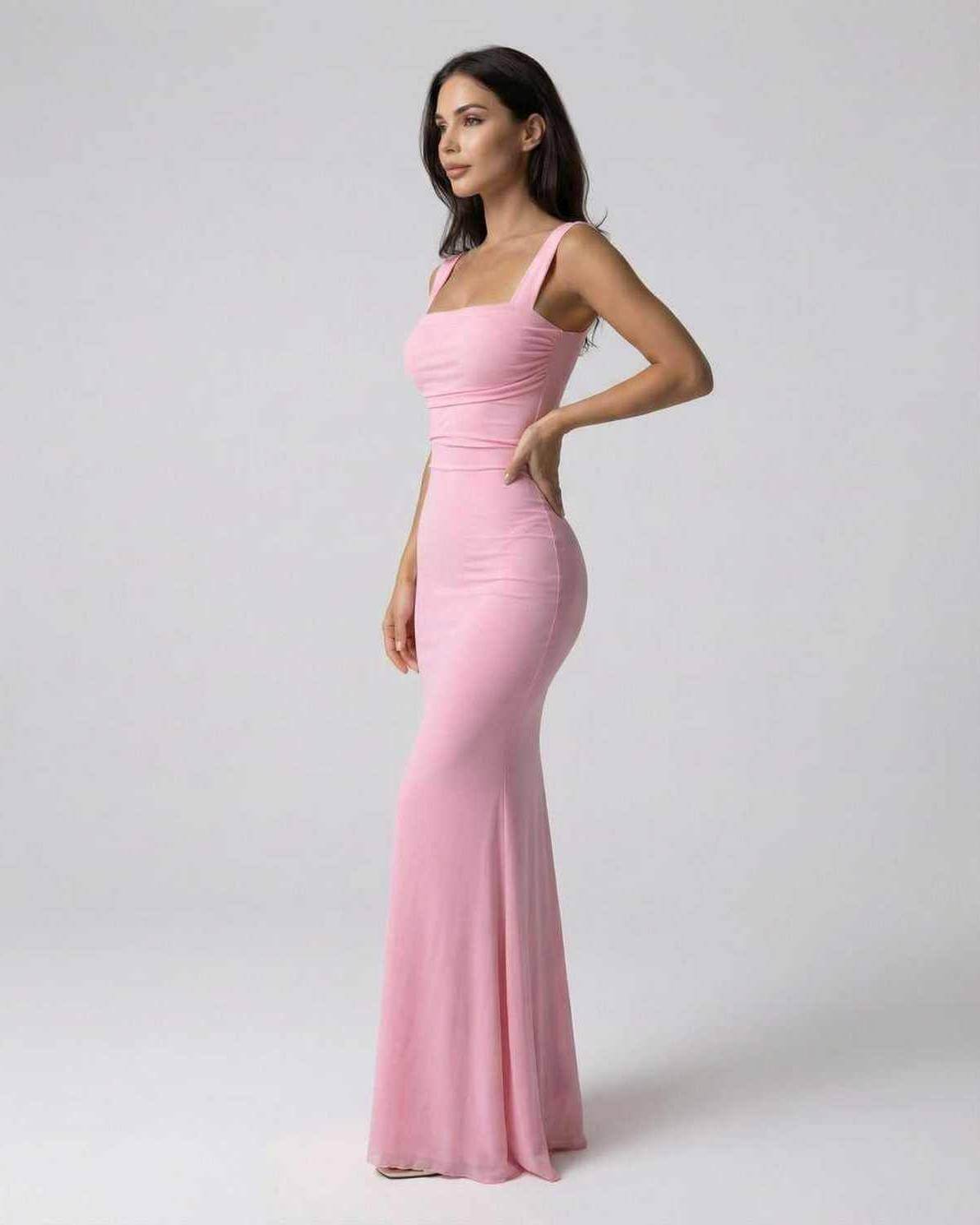 Blush Maxi Dress by Lauven featuring a sleek spaghetti strap silhouette in soft pink and flattering fit.